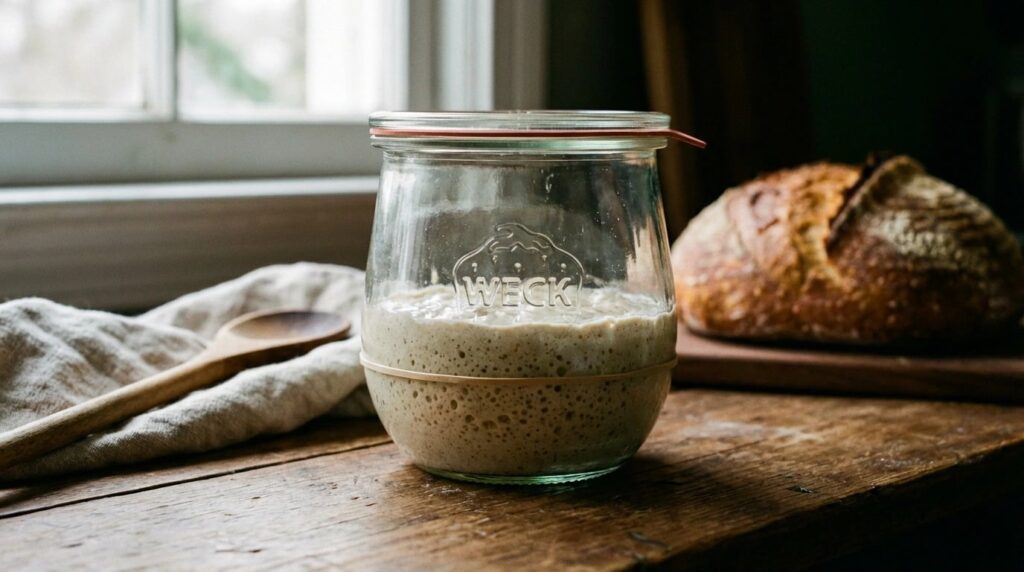 Complete Guide to Sourdough Starter Storage - Glass jar sourdough starter visual guide for Complete Guide to Sourdough Starte